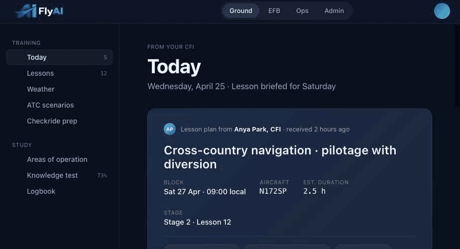 FlyAI Ground — student Today view, in-development preview